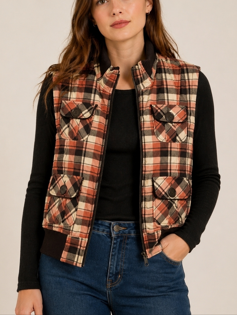 DOLLHOUSE Barbie Plaid Flannel Quilted Corduroy Zipper Gilet Vest